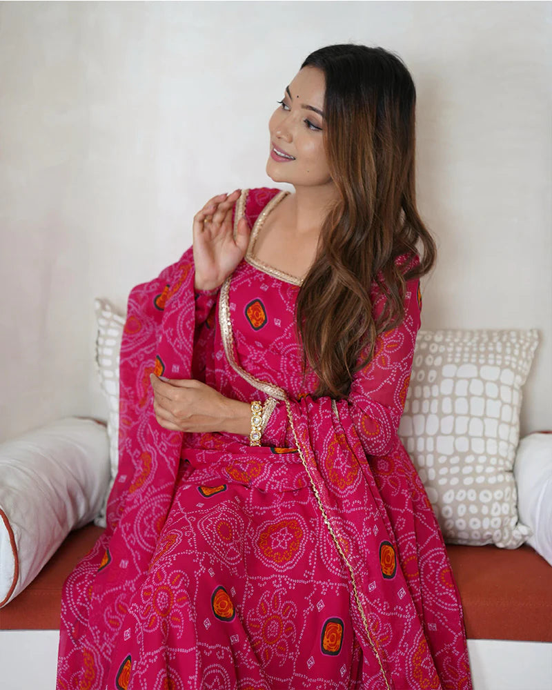 RANI PINK COLOR BANDHEJ PRINT SOFT CHIFFON ANARKALI SUIT SET OF 3