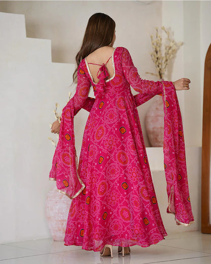 RANI PINK COLOR BANDHEJ PRINT SOFT CHIFFON ANARKALI SUIT SET OF 3