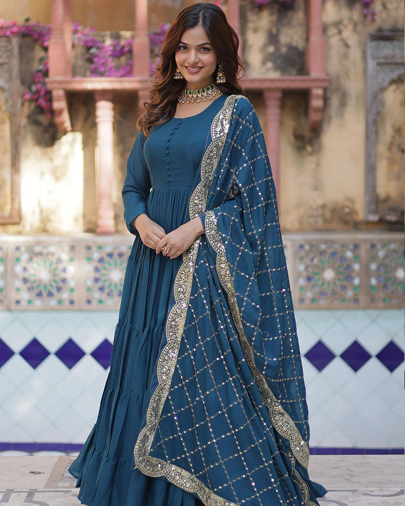 MORPEACH COLOR STAR GEORGETTE GOWN WITH EMBROIDERED DUPATTA