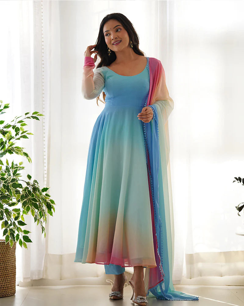 BEAUTIFUL MULTI COLOR FULLY FLAIR GEORGETTE THREE PIECE ANARKALI SUIT