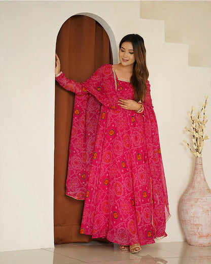 RANI PINK COLOR BANDHEJ PRINT SOFT CHIFFON ANARKALI SUIT SET OF 3