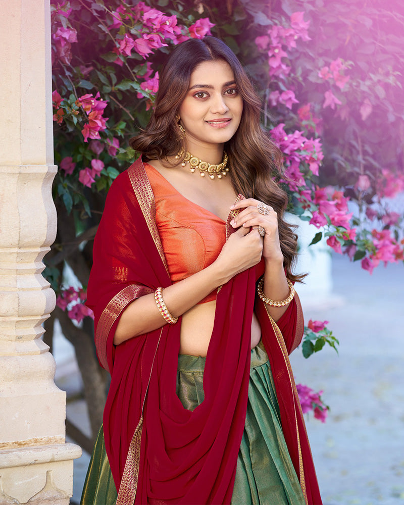 GREEN KANCHIPURAM SILK DESIGNER HALF SAREE