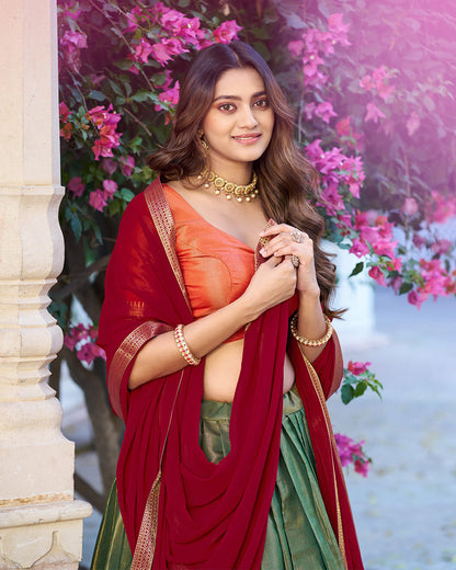 GREEN KANCHIPURAM SILK DESIGNER HALF SAREE