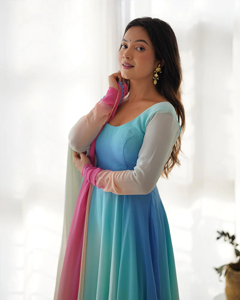 BEAUTIFUL MULTI COLOR FULLY FLAIR GEORGETTE THREE PIECE ANARKALI SUIT