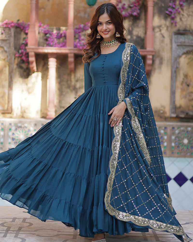 MORPEACH COLOR STAR GEORGETTE GOWN WITH EMBROIDERED DUPATTA