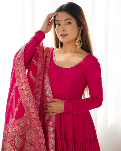 RANI PINK COLOR PURE ROMAN SILK RUFFLE STYLE ANARKALI SUIT SET OF 3