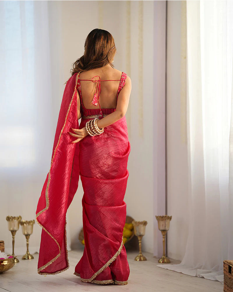 RANI PINK COLOR TISSUE SILK PRE DRAPPED SAREE