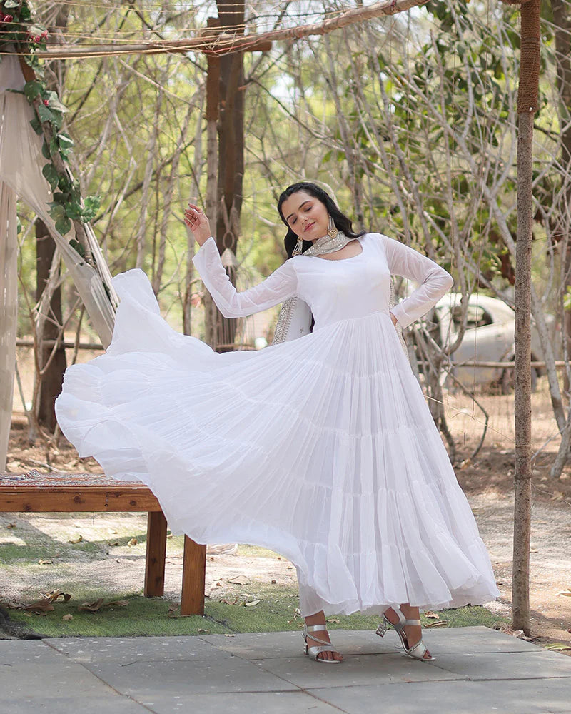 WHITE COLOR DESIGNER EMBROIDERED GOWN WITH DUPATTA