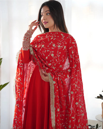 RED COLOR SOFT GEORGETTE ANARKALI GOWN WITH HEAVY EMBROIDERY WORK DUPATTA
