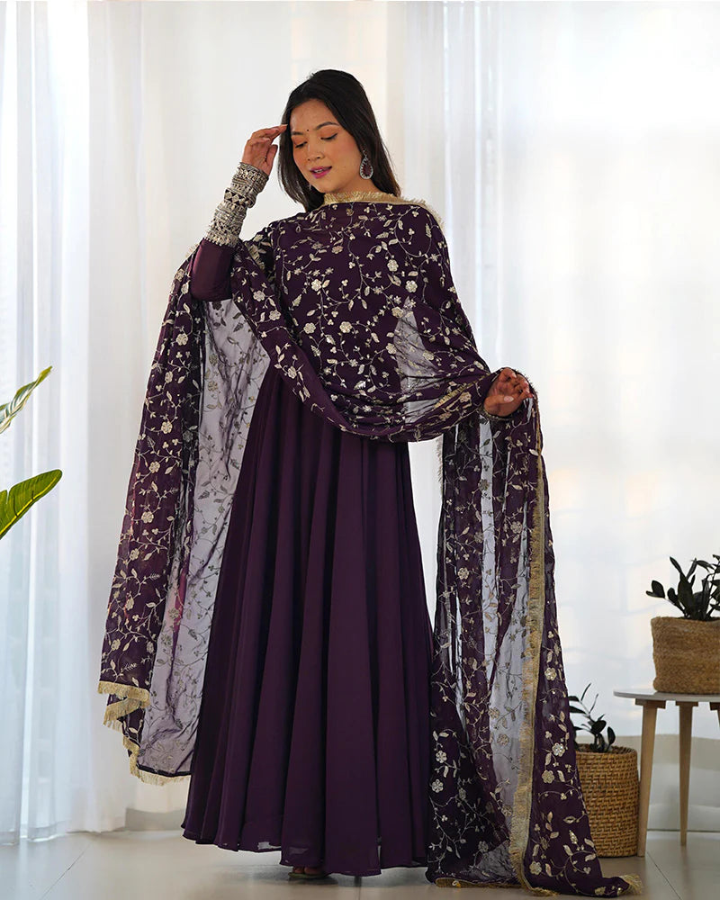 WINE COLOR SOFT GEORGETTE WITH HEAVY EMBROIDERY WORK DUPATTA ANARKALI SUIT
