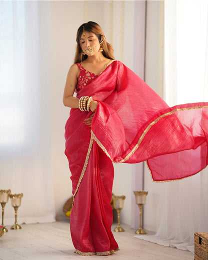 RANI PINK COLOR TISSUE SILK PRE DRAPPED SAREE