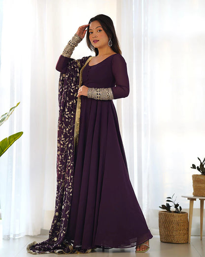 WINE COLOR SOFT GEORGETTE WITH HEAVY EMBROIDERY WORK DUPATTA ANARKALI SUIT