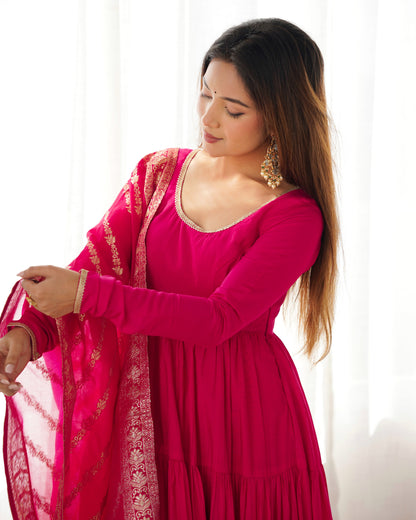 RANI PINK COLOR PURE ROMAN SILK RUFFLE STYLE ANARKALI SUIT SET OF 3