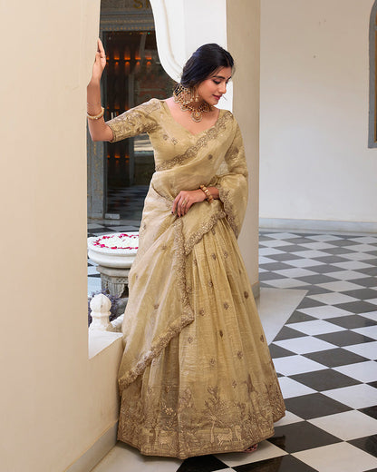 OFF WHITE BLOOM EMBROIDERED GOLD CRUSH LEHENGA CHOLI