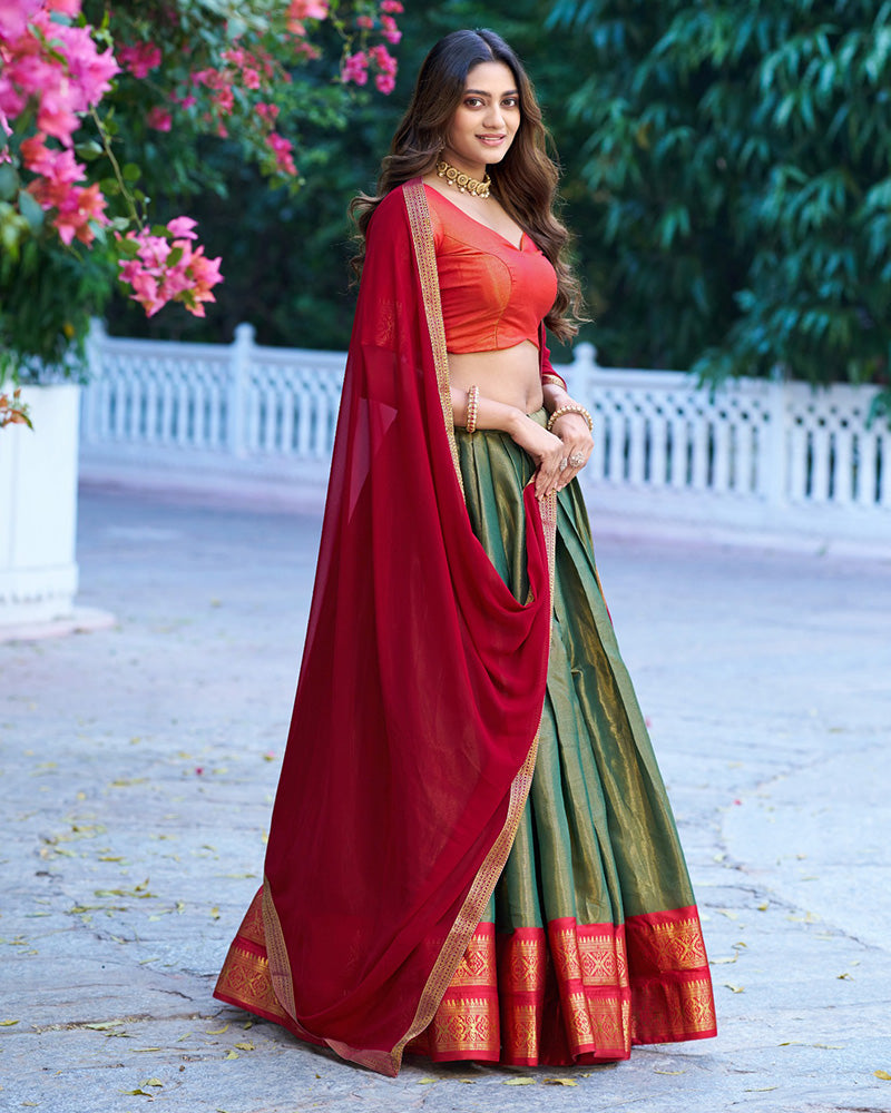 GREEN KANCHIPURAM SILK DESIGNER HALF SAREE