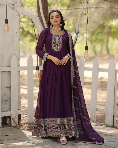 PURPLE COLOR FAUX BLOOMING RICH SEQUENCE EMBROIDERED GOWN