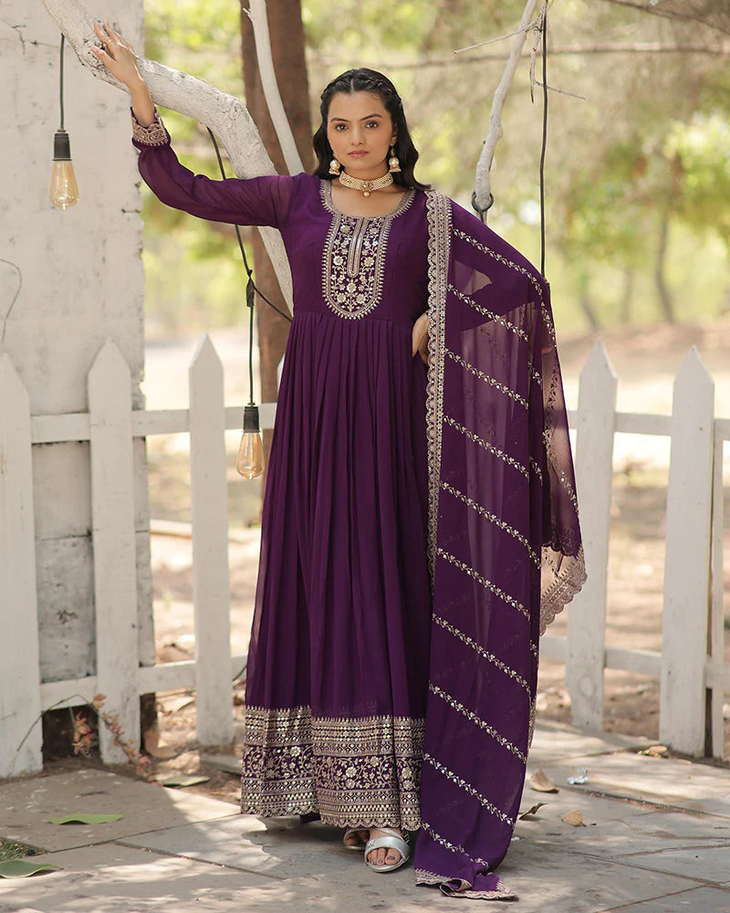PURPLE COLOR FAUX BLOOMING RICH SEQUENCE EMBROIDERED GOWN