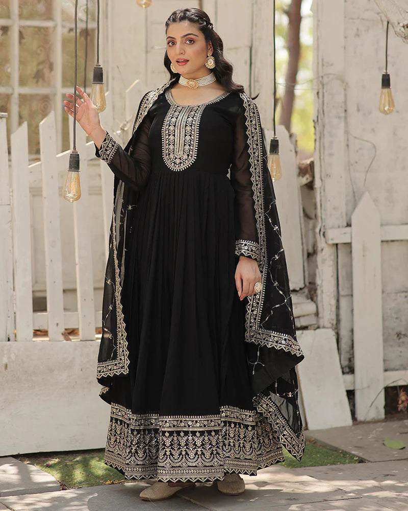 BLACK COLOR FAUX BLOOMING RICH SEQUENCE EMBROIDERED GOWN