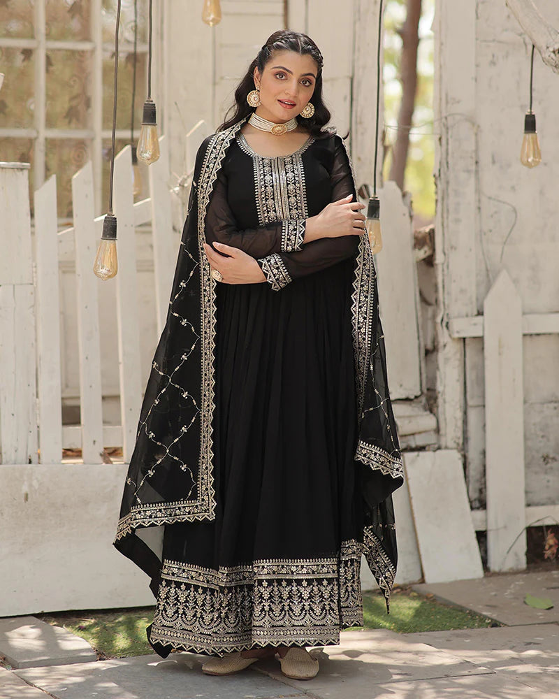 BLACK COLOR FAUX BLOOMING RICH SEQUENCE EMBROIDERED GOWN