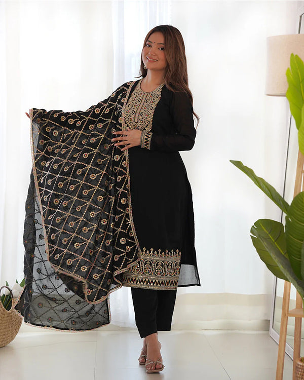 BLACK COLOR VICHITRA SILK THREE PIECE KURTI SUIT