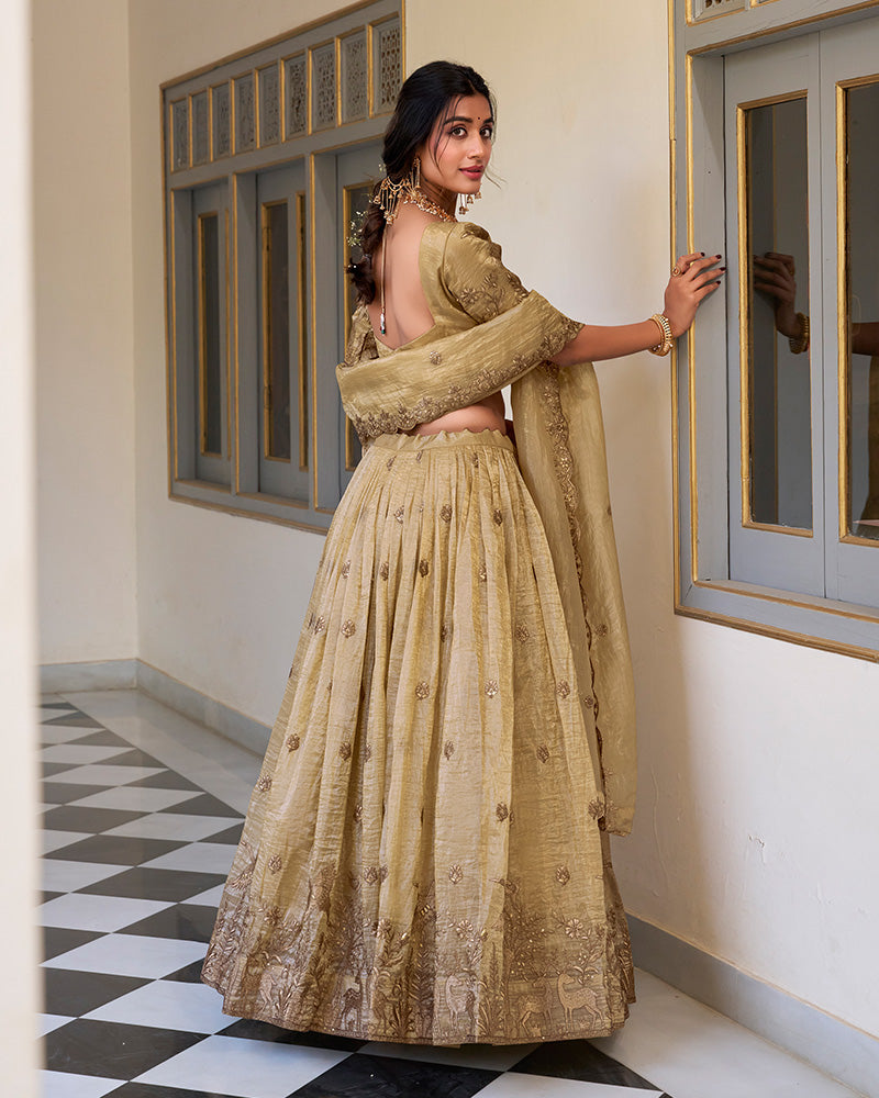 OFF WHITE BLOOM EMBROIDERED GOLD CRUSH LEHENGA CHOLI