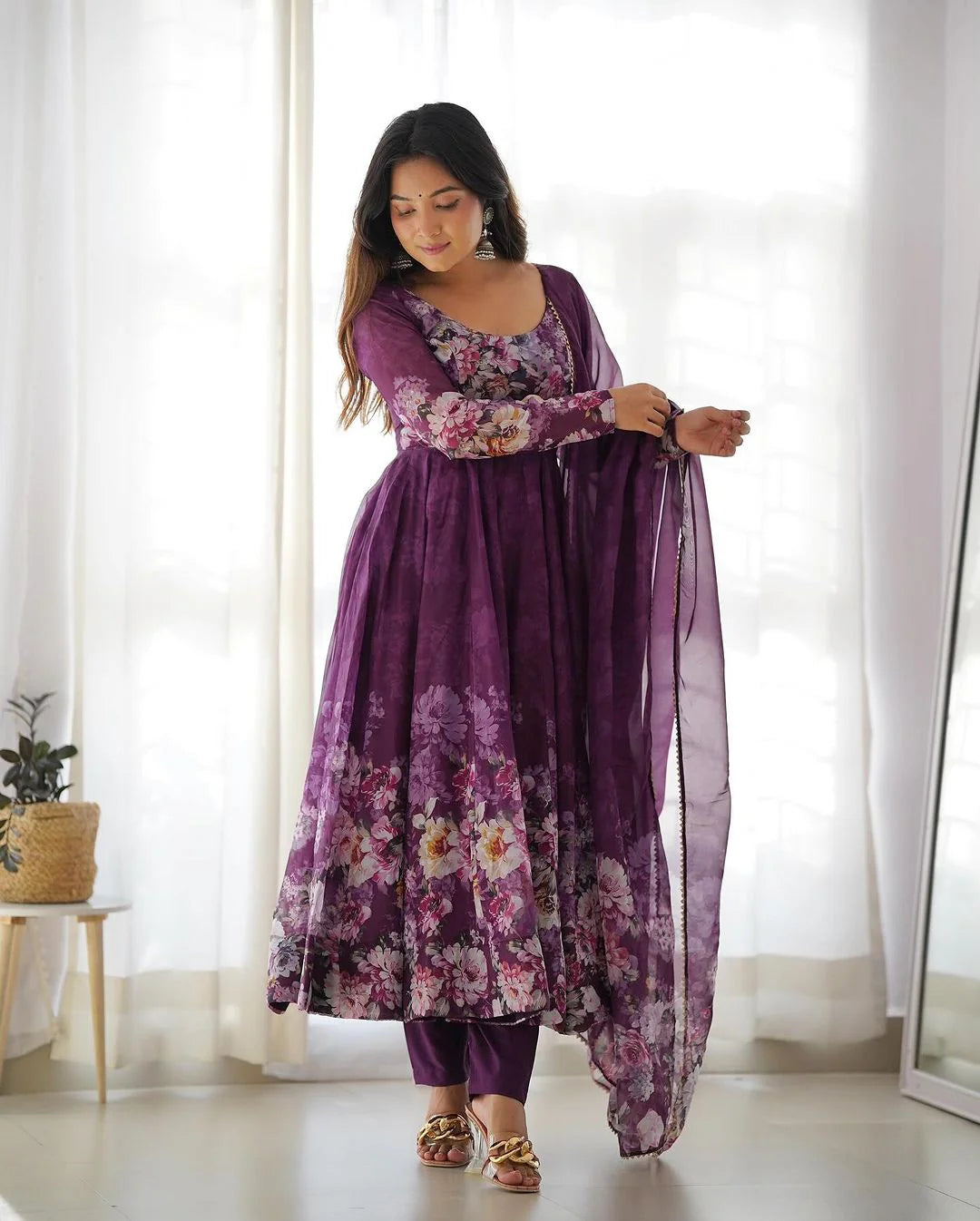 WINE COLOR FLORAL PRINT ORGANZA THREE PIECE ANARKALI SUIT