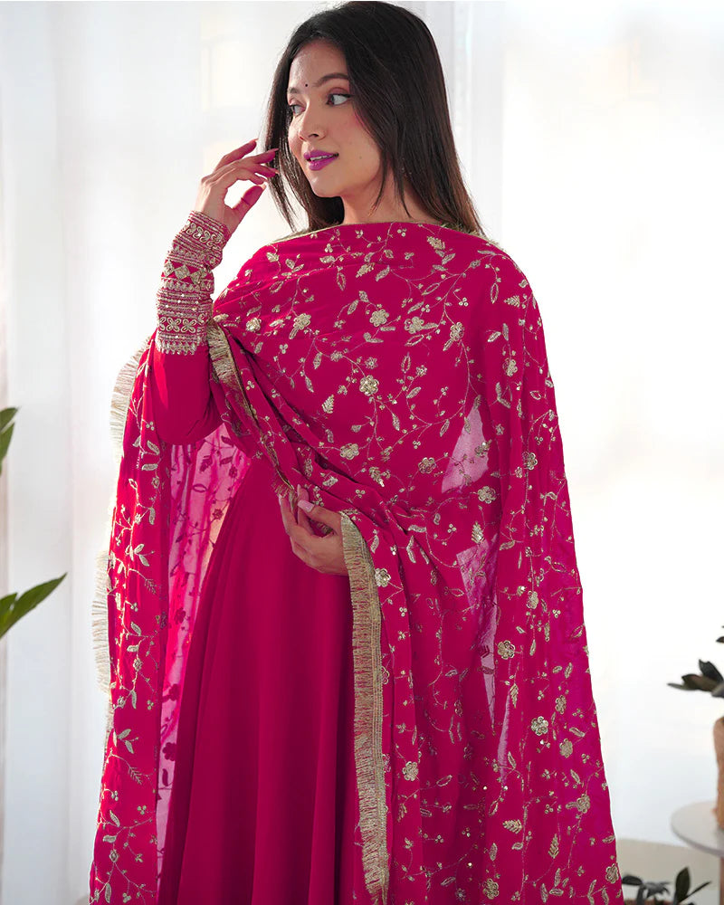RANI PINK COLOR SOFT GEORGETTE ANARKALI GOWN WITH HEAVY EMBROIDERY WORK DUPATTA