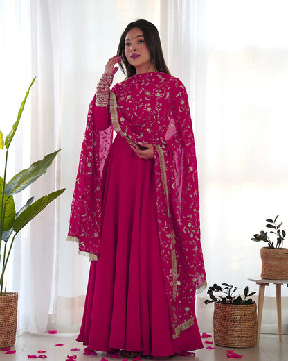 RANI PINK COLOR SOFT GEORGETTE ANARKALI GOWN WITH HEAVY EMBROIDERY WORK DUPATTA