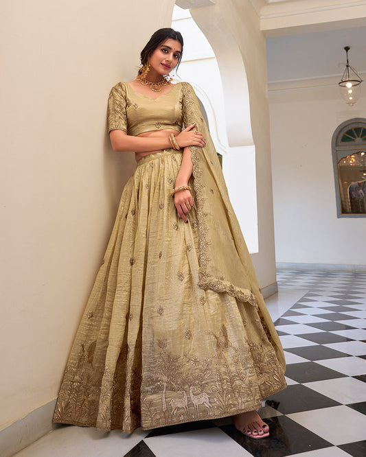 OFF WHITE BLOOM EMBROIDERED GOLD CRUSH LEHENGA CHOLI