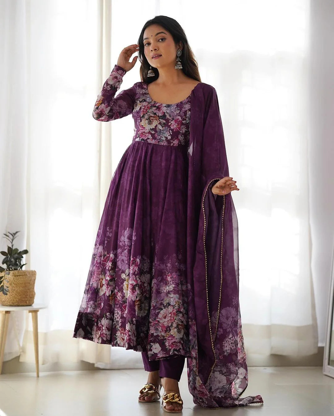 WINE COLOR FLORAL PRINT ORGANZA THREE PIECE ANARKALI SUIT