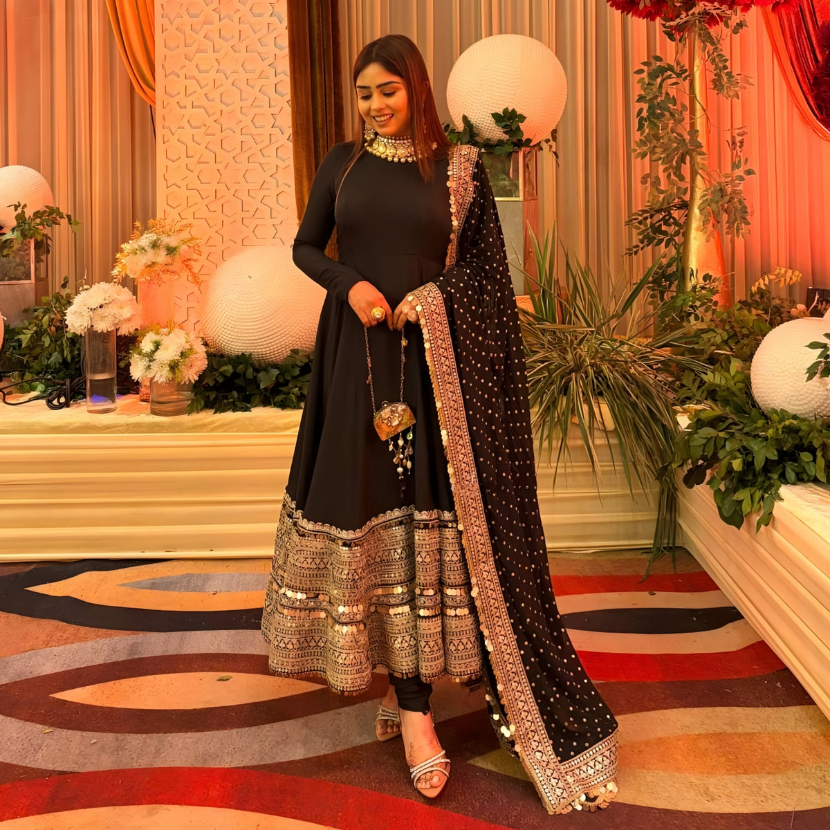 PREMIUM ROMAN SILK BLACK COLOR ANARKALI SUIT SET OF 3