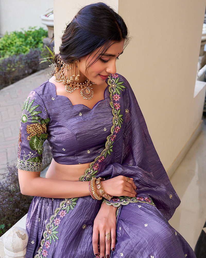 LAVENDER BLOOM EMBROIDERED GOLD CRUSH LEHENGA CHOLI