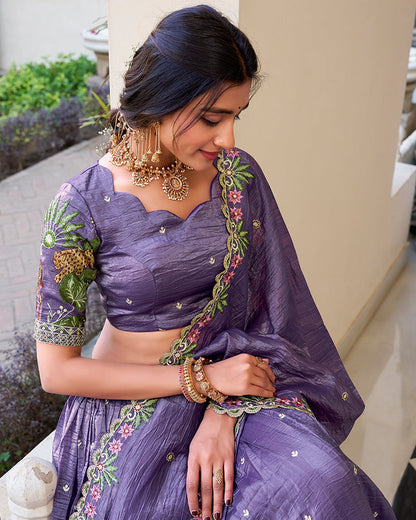 LAVENDER BLOOM EMBROIDERED GOLD CRUSH LEHENGA CHOLI