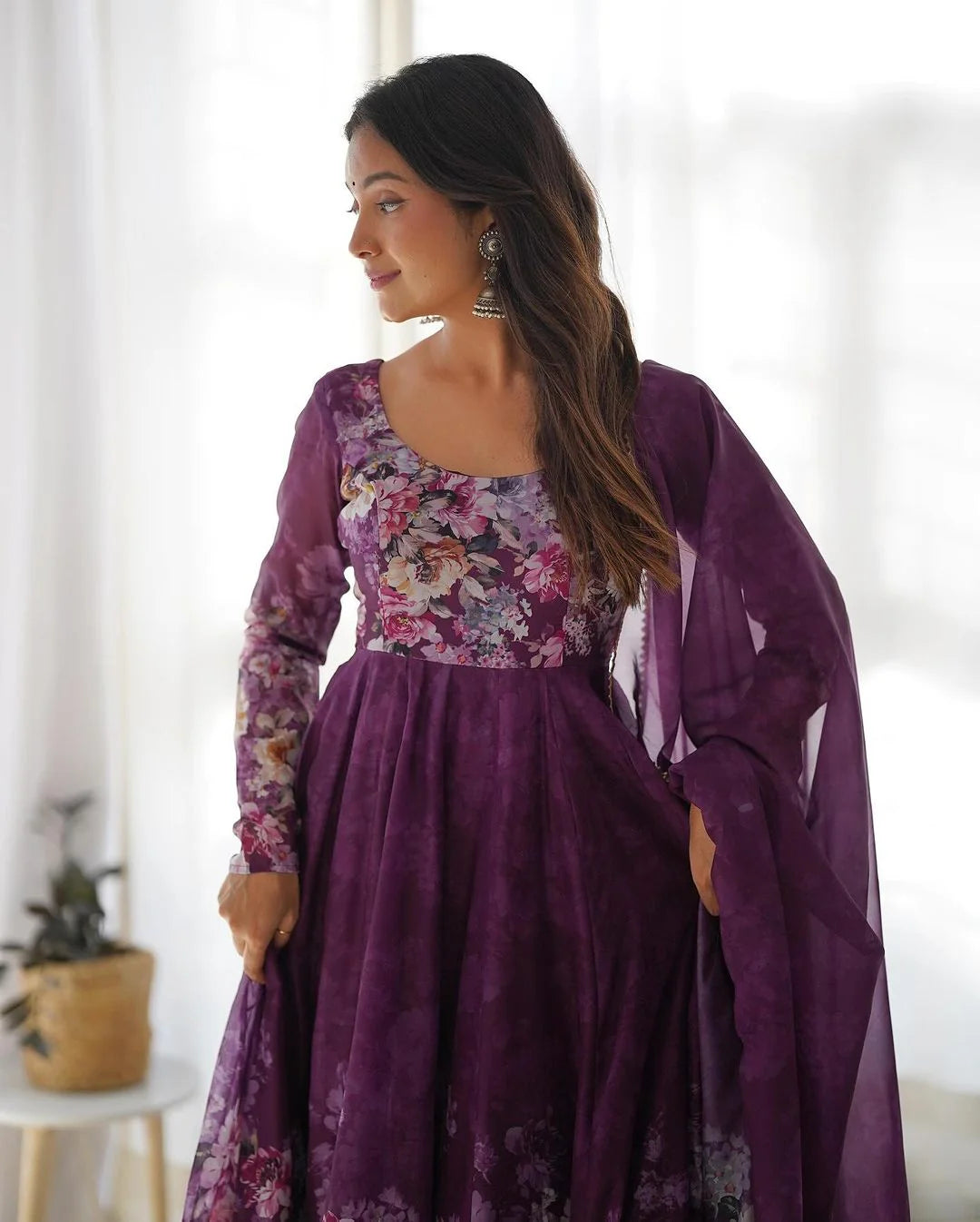 WINE COLOR FLORAL PRINT ORGANZA THREE PIECE ANARKALI SUIT