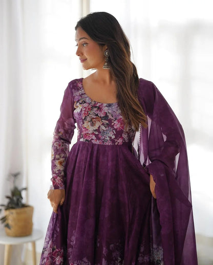 WINE COLOR FLORAL PRINT ORGANZA THREE PIECE ANARKALI SUIT