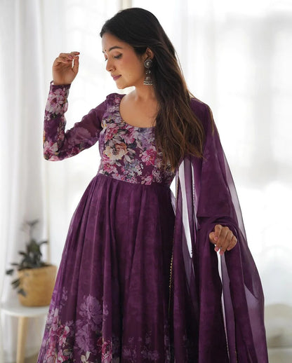 WINE COLOR FLORAL PRINT ORGANZA THREE PIECE ANARKALI SUIT