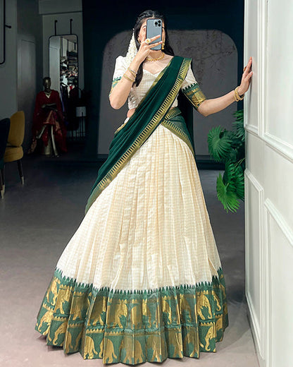 WHITE AND GREEN COLOR POLY COTTON CHEX ONAM HALF SAREE