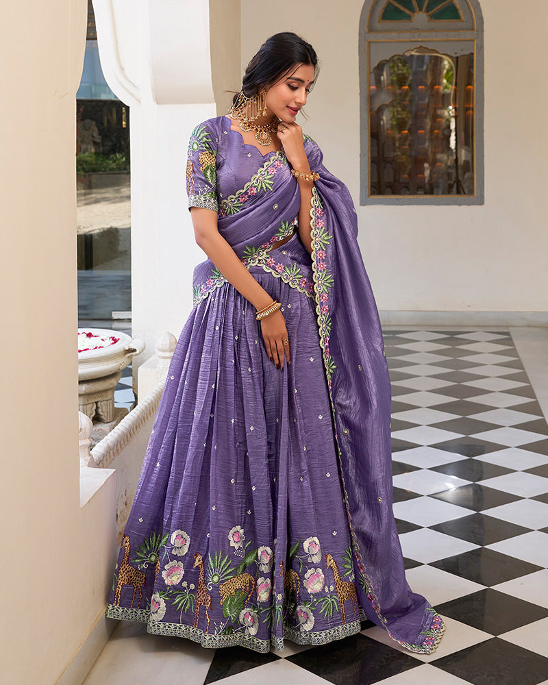 LAVENDER BLOOM EMBROIDERED GOLD CRUSH LEHENGA CHOLI