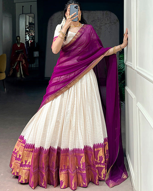 WHITE AND PINK COLOR POLY COTTON CHEX ONAM HALF SAREE