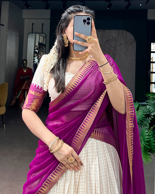 WHITE AND PINK COLOR POLY COTTON CHEX ONAM HALF SAREE