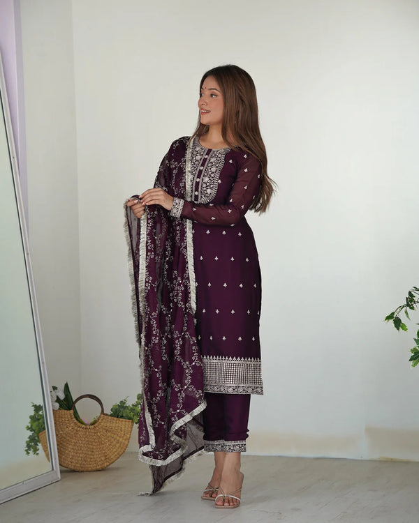 WINE COLOR RANGOLI SILK THREE PIECE KURTI SUIT
