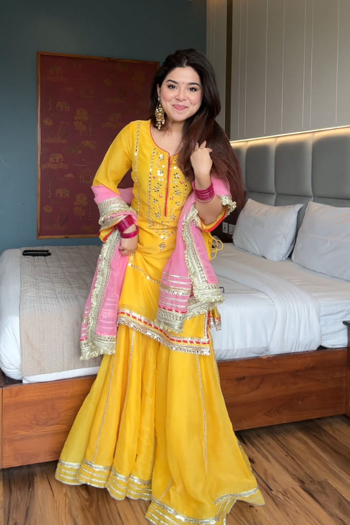 MOST TRENDING YELLOW COLOR EMBROIDERY SEQUENCE WORK SHARARA SUIT SET OF 3