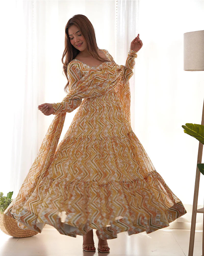 OFF-WHITE COLOR SOFT GEORGETTE THREE LAYER RUFFLE STYLE ANARKALI SUIT