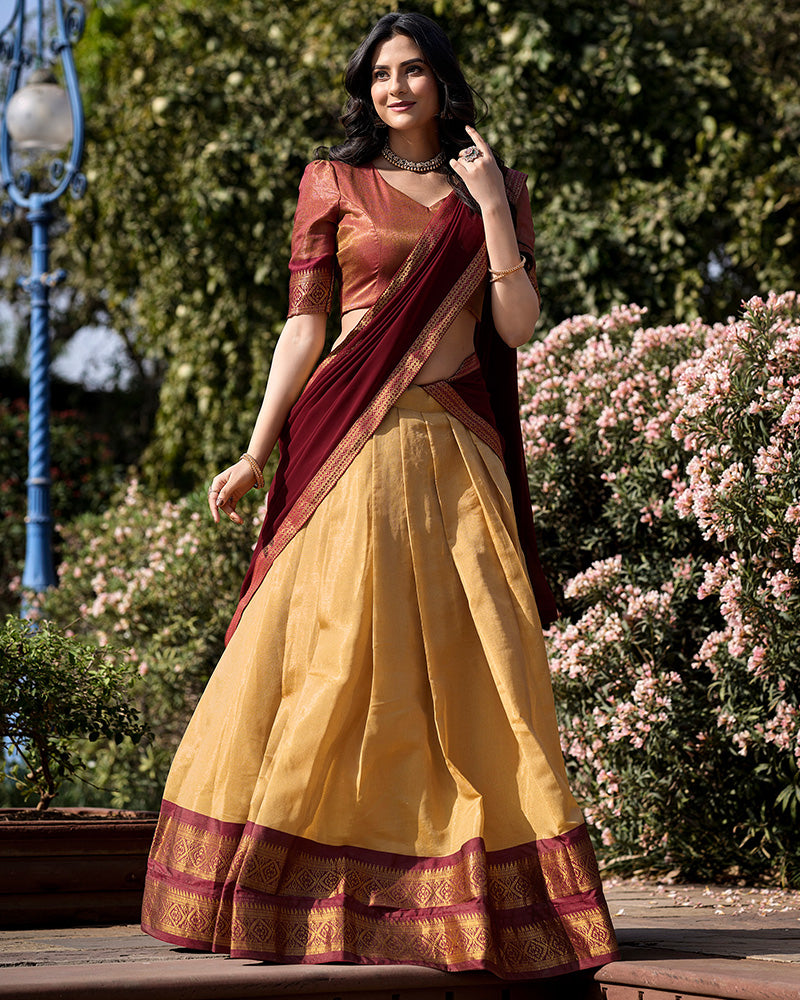 CREAM KANCHIPURAM SILK DESIGNER HALF SAREE