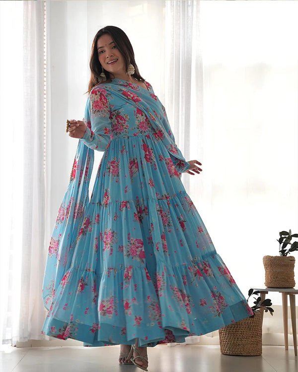 SKY BLUE COLOR GEORGETTE THREE LAYER RUFFLE STYLE ANARKALI SUIT