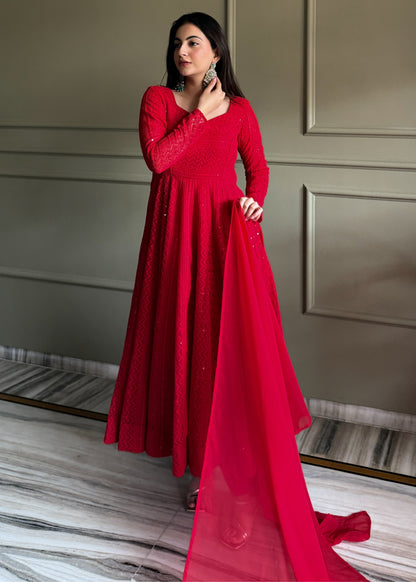 REGAL RED PARTYWEAR LUCKNOWI ANARKALI GOWN SET