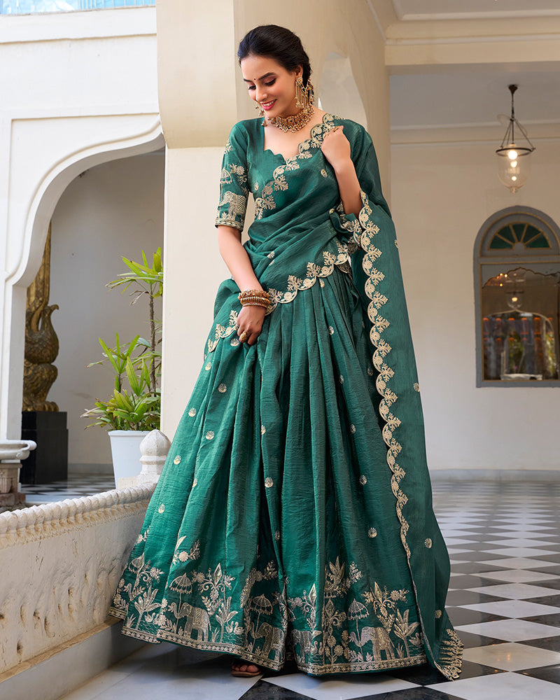 TEAL GREEN BLOOM EMBROIDERED GOLD CRUSH LEHENGA CHOLI