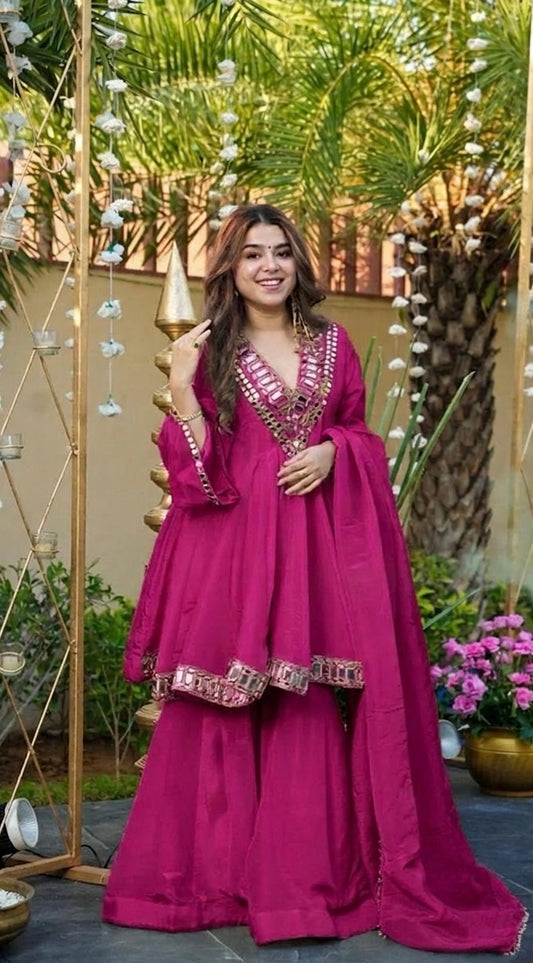 HOT PINK COLOR CHINON SILK BASE SHARARA SET