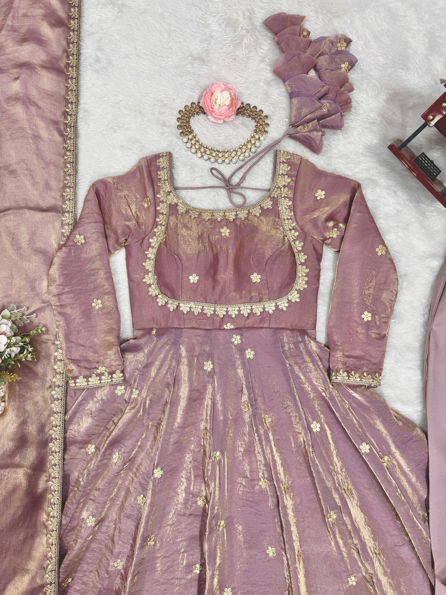 ONION PINK COLOR FANDY SILK BASE EMBROIDERED ANARKALI SUIT SET OF 3