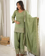 PISTA COLOR ROMAN SILK EMBROIDERED FARSHI SALWAR SUIT